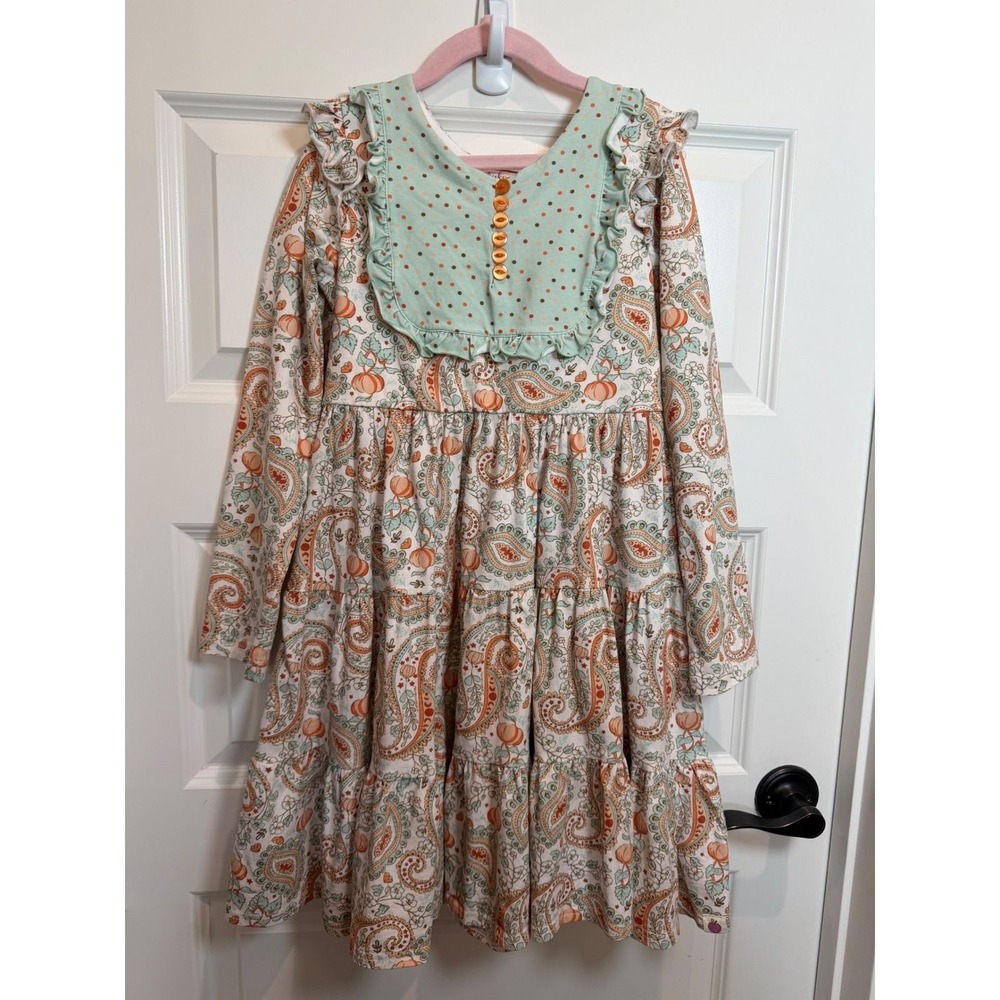 38. Cheeky Plum Girls 10Y Pumpkin Paisley Tiered Ruffle Long Sleeve Dress Fall